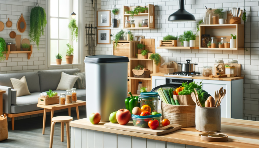 An image representing a zero-waste lifestyle at home, showing a kitchen with reusable containers, a compost bin, and fresh produce on the counter. Inc